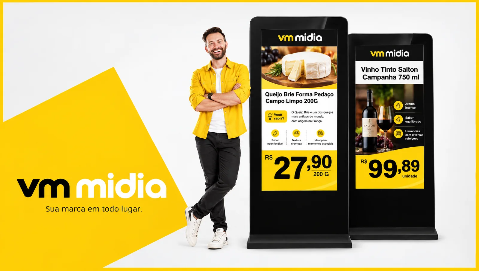 Totens digitais da VM Mídia exibindo anúncios de produtos