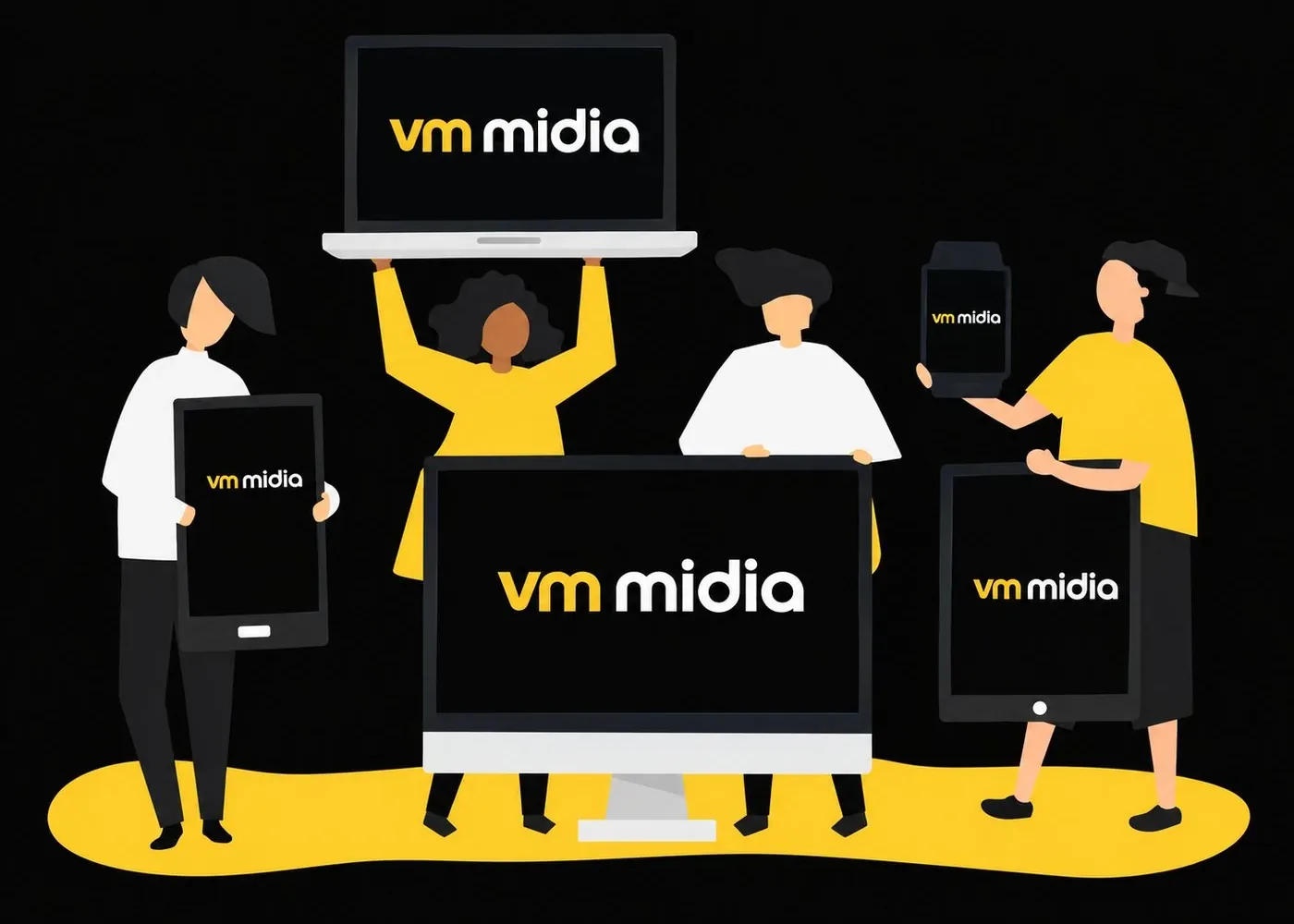 Ilustração de pessoas segurando telas com a marca VM Mídia