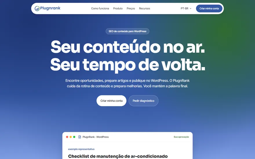 Página inicial do site Plugnrank
